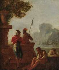 Frankreich (?), 18. Jahrhundert. Uferlandschaft mit Ruinen und Figurenstaffage