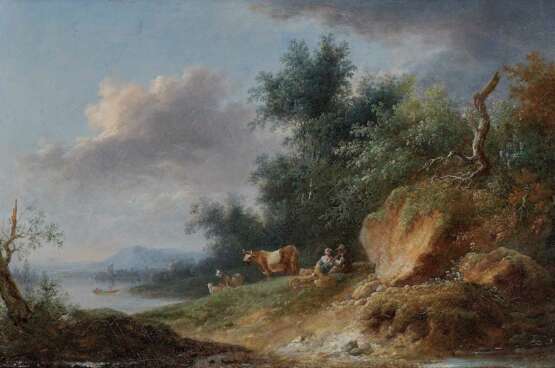 Frankreich (?), 18./19. Jahrhundert. Uferlandschaft mit rastendem Hirtenpaar und Vieh - Foto 1