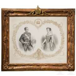 Kaiserin Elisabeth von Österreich und Kaiser Franz Joseph I. - prunkvoll gerahmte Lithografie als Krönungsbild, um 1867