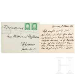 Oberst Hans von Seißer (1874 - 1973) - Karte mit eigenhändigem Text und Unterschrift, Kuvert adressiert an die Sammlerin, 1924