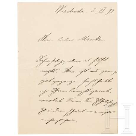Major Hermann von Wissmann (1853 - 1905) - eigenhändiger Brief an den damaligen Oberleutnant Georg Maercker, 1897 - photo 1 Major Hermann von Wissmann (1853 - 1905) - eigenhändiger Brief an den damaligen Oberleutnant Georg Maercker, 1897 - photo 1
