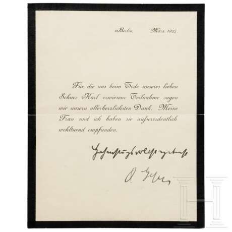 Otto Geßler (1875 - 1955) - Danksagungskarte mit eigenhändiger Unterschrift, 1927 - Foto 1 Otto Geßler (1875 - 1955) - Danksagungskarte mit eigenhändiger Unterschrift, 1927 - Foto 1