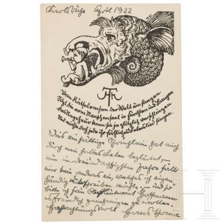 Hans Thoma (1839 - 1924), Postkarte mit handgeschriebenen Zeilen und eigenhändiger Unterschrift an die Sammlerin, 1922 - photo 1