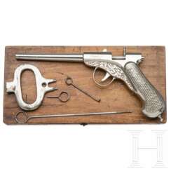 Frühe Luftpistole "MF" mit Zubehör im Kasten, Gaggenau (D), um 1880.