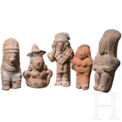 Fünf kleine präkolumbische Tonfiguren, Ekuador, wohl 500 - 1500 n. Chr.