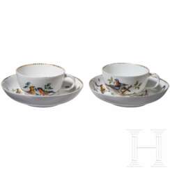 Zwei Tassen mit Untertassen mit Vogel- und Insektendekor, Meissen, um 1770/80