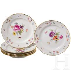 Sechs Speiseteller mit Blumen und Insekten, Meissen, um 1850/60