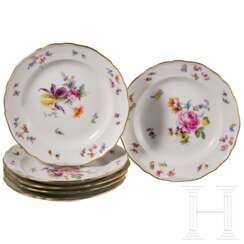 Sechs kleine Teller (Vorspeiseteller) mit Blumen und Insekten, Meissen, um 1850/60