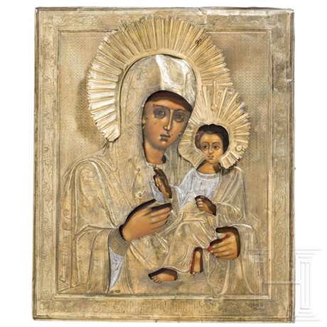 Ikone mit der Gottesmutter von Tichwin mit vergoldetem Silberoklad, Russland, um 1900 (Ikone), Moskau, 1908 - 1917 (Oklad) - photo 1 Ikone mit der Gottesmutter von Tichwin mit vergoldetem Silberoklad, Russland, um 1900 (Ikone), Moskau, 1908 - 1917 (Oklad) - photo 1