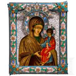 Kleine Ikone mit der Gottesmutter mit Cloisonné-Email-Riza, Russland, Email 20. Jhdt, Ikone neuzeitlich
