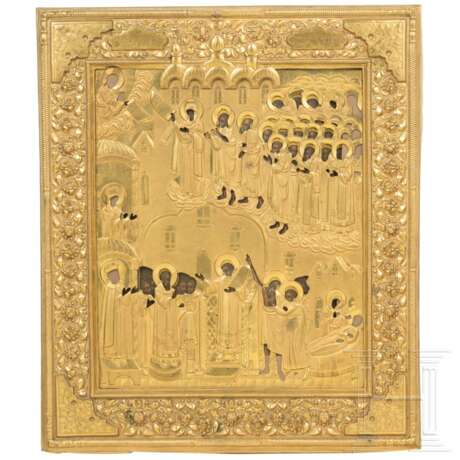 Ikone mit der Gottesmutter Pokrow mit vergoldetem Oklad, Russland, 19. Jhdt. - Foto 1