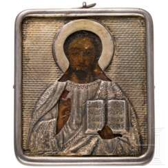 Kleine Ikone mit dem Christus Pantokrator mit Silberoklad, Russland, spätes 19. Jhdt. (Ikone), St. Petersburg, Gebrüder Gratschew, 1908-17 (Oklad)