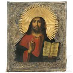 Ikone mit dem Christus Pantokrator mit Oklad, Russland, Ende 19. Jhdt.