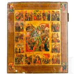 Festtagsikone mit 16 Hochfesten und den vier Evangelisten, Russland, 19. Jhdt.