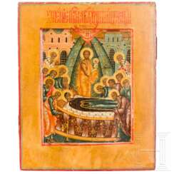 Fein gemalte Ikone mit dem Entschlafen der Gottesmutter, Russland, Anfang 19. Jhdt.