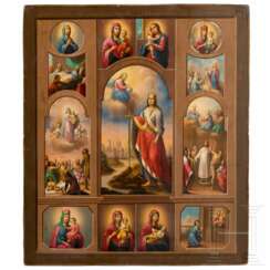 Ikone mit der heiligen Märtyrerin Ekaterina (Katharina) entouriert von zwölf Gnadenbildern der Gottesmutter, Russland, 19. Jhdt.