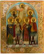 Overview. Großformatige Ikone mit dem Schutzengel und sechs Heiligen (Patronatsikone), Russland, um 1920