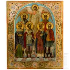 Großformatige Ikone mit dem Schutzengel und sechs Heiligen (Patronatsikone), Russland, um 1920