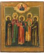 Overview. Ikone mit dem Heiligen Trifon und vier weiteren Heiligen, Russland, Ende 19. Jhdt.