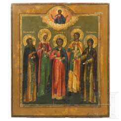 Ikone mit dem Heiligen Trifon und vier weiteren Heiligen, Russland, Ende 19. Jhdt.