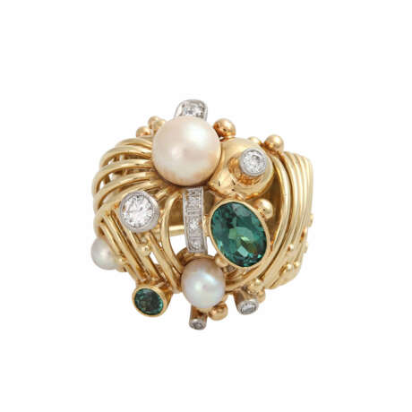 Ring mit 2 grünen Turmalinen, Zuchtperlen und Diamanten - photo 5