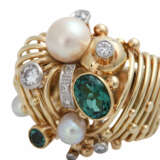 Ring mit 2 grünen Turmalinen, Zuchtperlen und Diamanten - photo 4