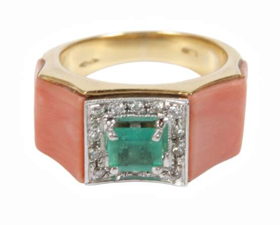 Damenring mit Koralle, Brillanten und Smaragd - Foto 1