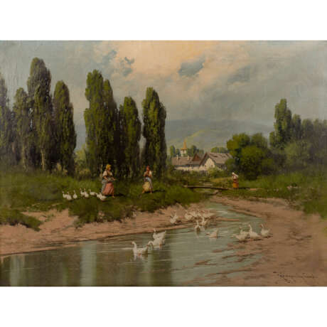 NEOGRADY, LASZLO (1896-1962, ungarischer Maler), "Gänsehirtinnen am Fluss vor dem Dorf", - фото 1