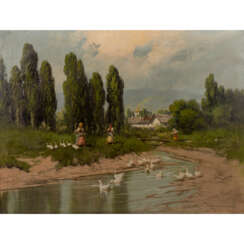 NEOGRADY, LASZLO (1896-1962, ungarischer Maler), "Gänsehirtinnen am Fluss vor dem Dorf",