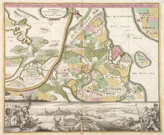 Johann B. Homann, Ansicht und Karte Stralsund - Foto 1 Johann B. Homann, Ansicht und Karte Stralsund - Foto 1