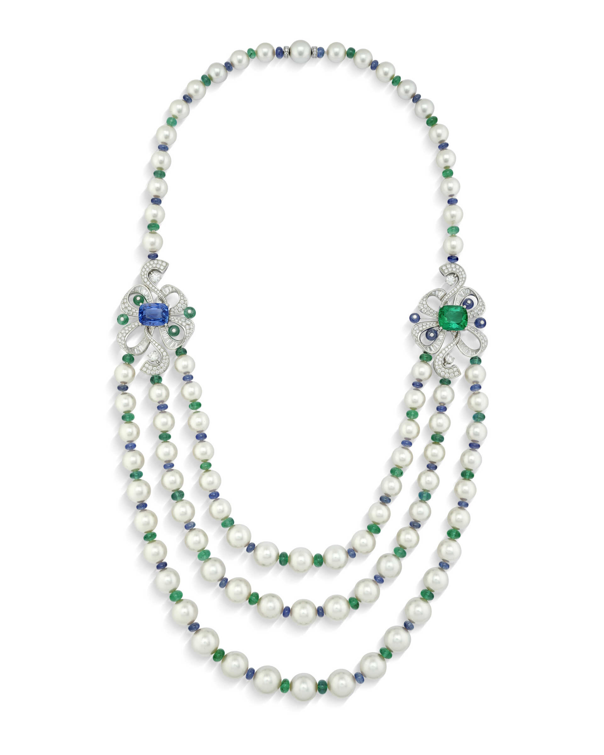 BULGARI SAPPHIRE, EMERALD, DIAMOND AND CULTURED PEARL 'FIOCCO REALE' NECKLACE BULGARI SAPPHIRE, EMERALD, DIAMOND AND CULTURED PEARL 'FIOCCO REALE' NECKLACE