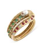 Perles. CARTIER MID-20TH CENTURY PEARL, RUBY, EMERALD AND DIAMOND BANGLE