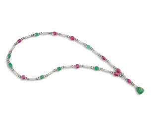 CHAUMET ART DECO RUBY, EMERALD, DIAMOND AND ENAMEL SAUTOIR