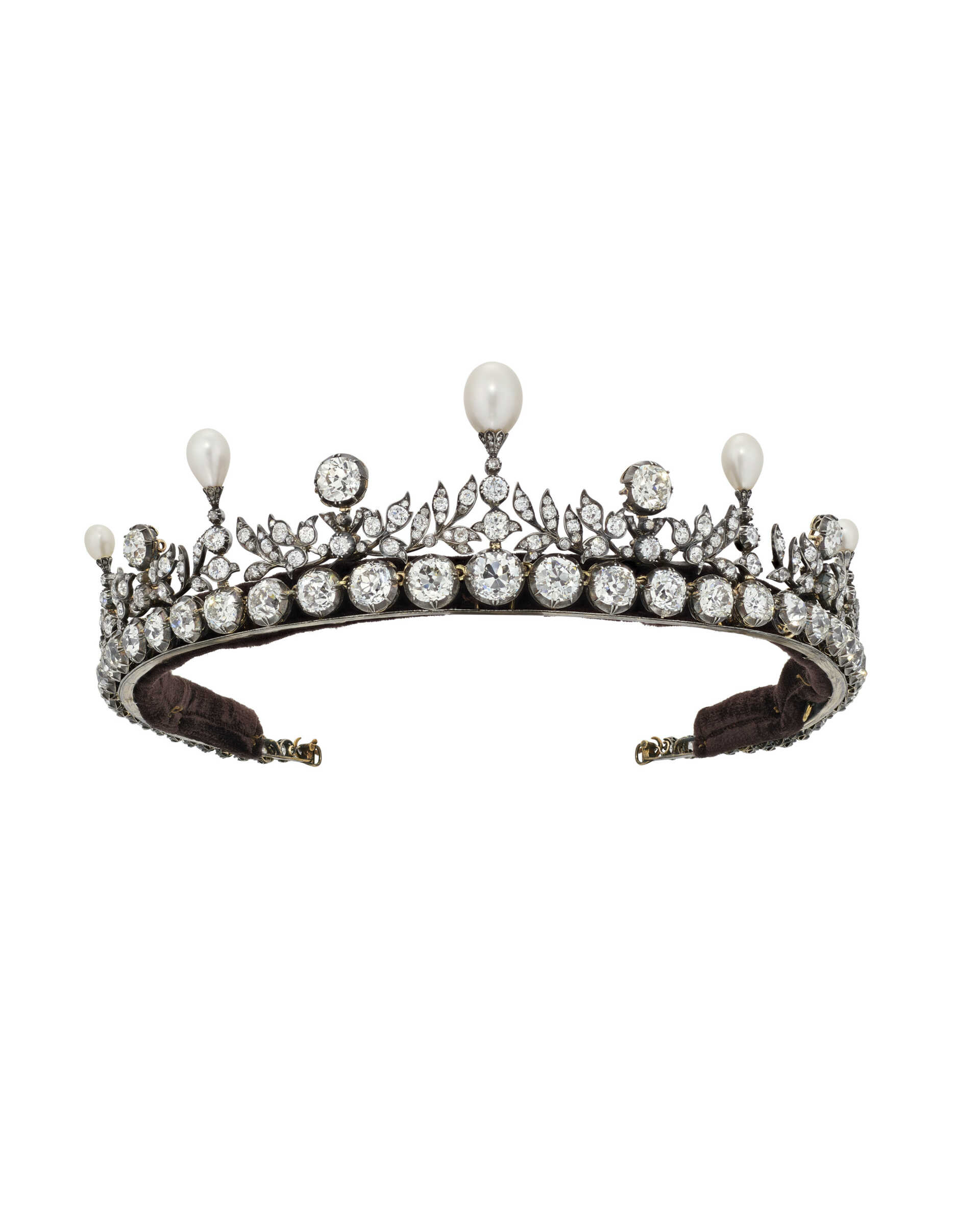 GARRARD & CO. LATE 19TH CENTURY DIAMOND RIVIÈRE NECKLACE/NATURAL PEARL AND DIAMOND TIARA GARRARD & CO. LATE 19TH CENTURY DIAMOND RIVIÈRE NECKLACE/NATURAL PEARL AND DIAMOND TIARA