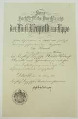 Lippe-Detmold: Fürstlich Lippische Militär-Verdienst-Medaille, mit Schwertern Urkunde für einen Registrator beim Generalgouvernement Warschau.
