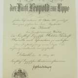 Lippe-Detmold: Fürstlich Lippische Militär-Verdienst-Medaille, mit Schwertern Urkunde für einen Registrator beim Generalgouvernement Warschau. - photo 1
