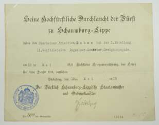 Schaumburg-Lippe: Kreuz für treue Dienste 1914, Urkunde für einen Oberheizer der 1.Abt. II. Werftdivision Ingenieur-Anwärter-Zweigkompagnie.