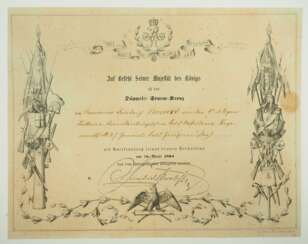 Preussen: Düppeler Sturm-Kreuz Urkunde für einen Kanonier der 1. Batterie, Brandenburgsches Feld-Artillerie-Regiment Nr. 3 (General Feld-Zeugmeister).