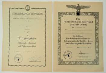 Urkundenpaar eines gefallenen Matrosenhauptgefreiten.