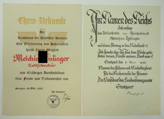 3. Reich: Urkundenpaar für einen Zollsekretär im Reichsdienst. - Foto 1 3. Reich: Urkundenpaar für einen Zollsekretär im Reichsdienst. - Foto 1