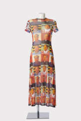 Kleid. Vivienne Tam für Mao Collection, New York Prêt-à-Porter Kollektion 1995, Projekt Mao zusammen mit Künstler Zhang Hongtu Stretch Netzstrick 