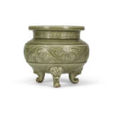 A MOULDED AND CARVED YAOZHOU CELADON-GLAZED TRIPOD CENSER - фото 1