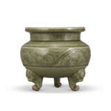 A MOULDED AND CARVED YAOZHOU CELADON-GLAZED TRIPOD CENSER - фото 2