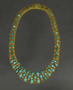 Overview. Gold necklace with diamonds and turquoise