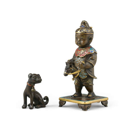 A RARE GILT-BRONZE AND CHAMPLEVE ENAMEL FIGURE OF A BOY AND DOG - photo 1