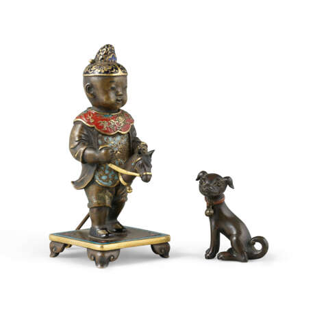 A RARE GILT-BRONZE AND CHAMPLEVE ENAMEL FIGURE OF A BOY AND DOG - photo 2