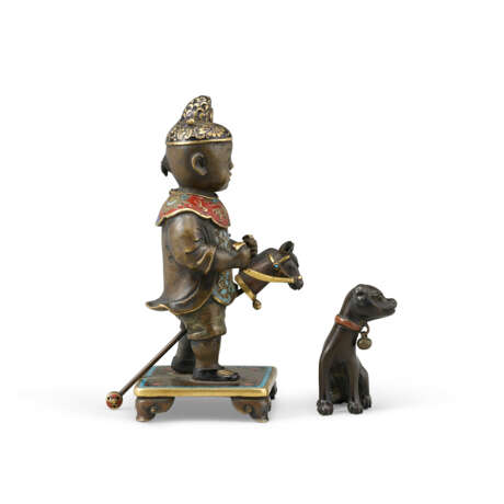 A RARE GILT-BRONZE AND CHAMPLEVE ENAMEL FIGURE OF A BOY AND DOG - photo 4