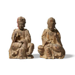 A PAIR OF WOOD FIGURES OF BODHISATTVAS, SAMANTABHADRA AND MANJURSURI