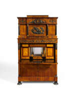Meubles. MAHOGANY BUREAU-CABINET WITH MYTHOLOGICAL MOTIFS