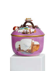 PORCELAIN PURPLE-GROUND SUGAR BOWL WITH SHIPPING SCENES